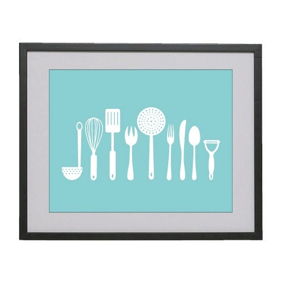 8x10 Kitchen Tools digital modern art print in ocean blue with matte finish by Jayna Denbow