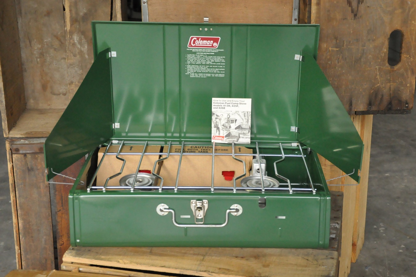Vintage Coleman Two Burner Camping Stove, Model 413 Unused in Original Packaging
