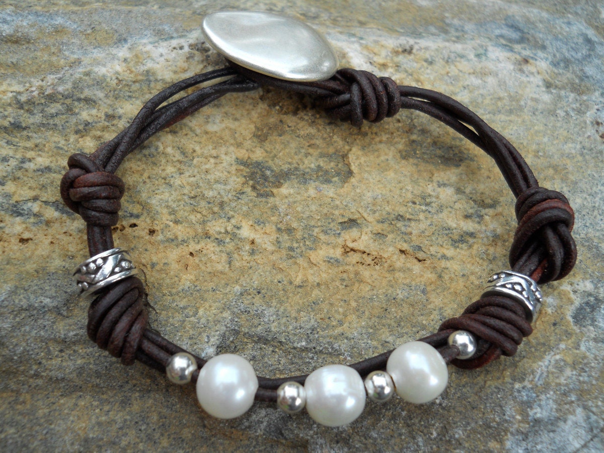 Sterling Silver & Freshwater Pearl Rustic Jewelry Antiqued Brown Leather Bracelet.