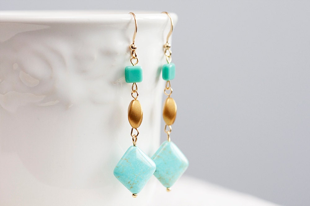 Spring Turquoise Earrings Square Pastel Beads long Earrings Spring Fashion Aqua Blue Earrings - E143