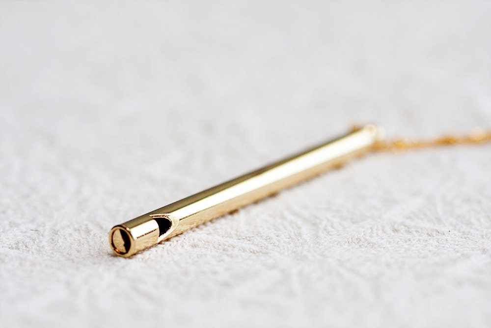 Whistle Necklace Back to School Gold Brass Whistle Pendant Long Necklace Music Instrument Jewelry - N144