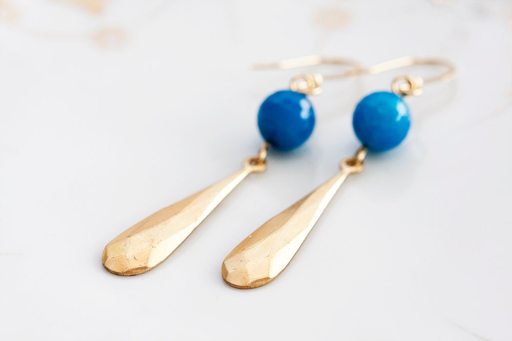 Long Drop Earrings Ocean Blue Bead Brass Drop Long Dangle Earrings Summer Beach Inspired - E127