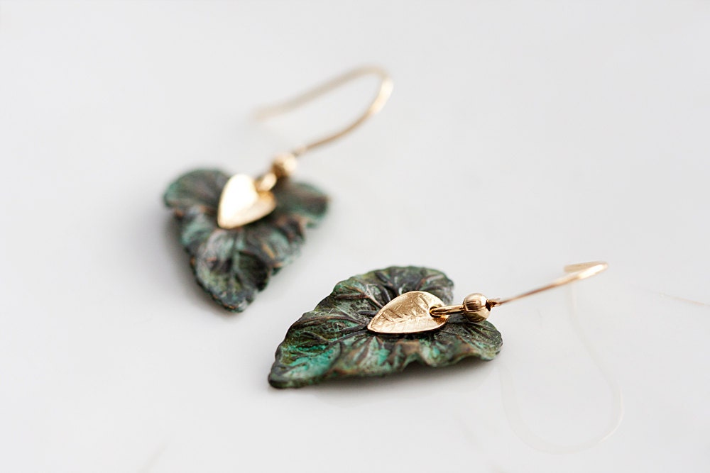 Patina Leaf Earrings Tiny Gold Leaf Verdigris Leaf Dangle Earrings Rustic Little Earrings Leaf Jewelry - E130