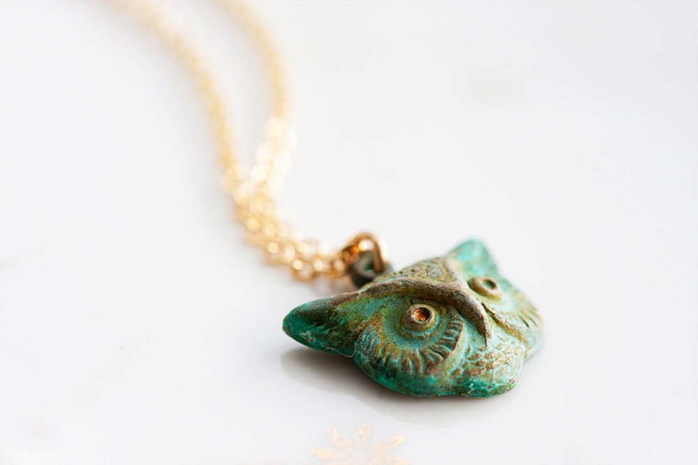 Patina Owl Necklace Verdigris Owl Pendant Rustic Green Patina Owl Charm Forest Owl Jewelry - N181