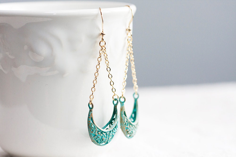Floral Patina Dangle Earrings Pastel Verdigris Filigree Bohemian Earrings Turquoise Shabby Chic Jewelry - E163