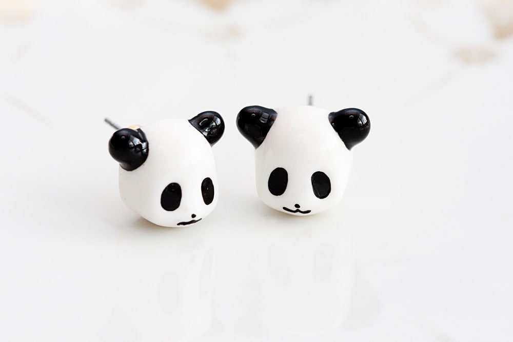 Panda Earrings on Little Panda Stud Earrings Black And White Resin Panda Kawaii Ear