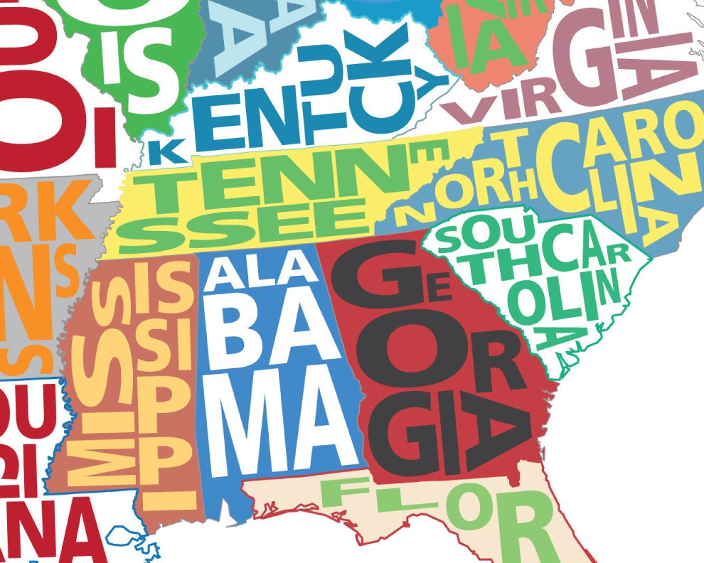 Typography Map of the United States - Multi-Colored - 11 x 17" Print