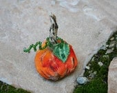 Harvest Pumpkin Folkart Pin - Hand Crafted Batik Autumn Pumpkin with Beaded Stem Brooch