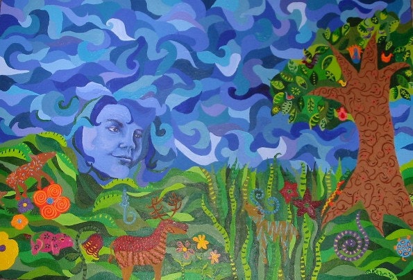SALE - 20 PERCENT OFF List Price - Original Acrylic Painting on Stretched Canvas - Mexican Folkart Influence - Satisfaction