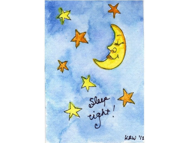 Matted ACEO - Original Watercolor Collectible - Yellow Orange Moon Stars Blue Sky