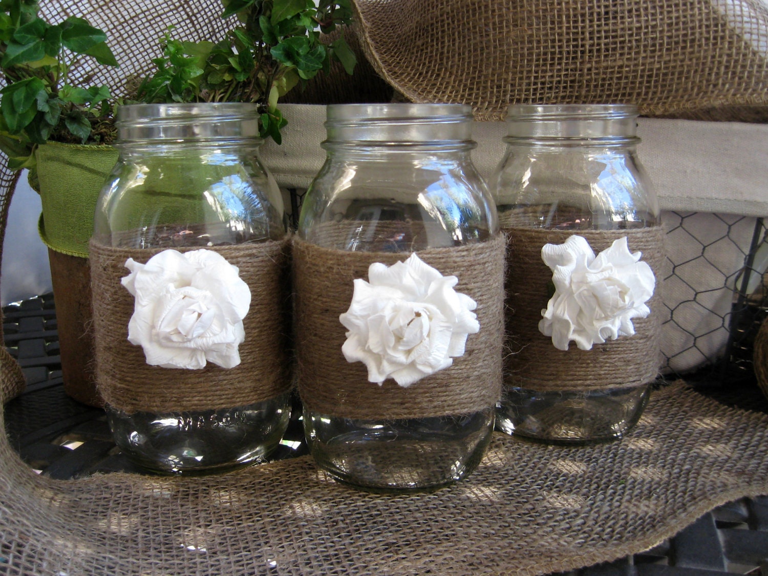 MASON JARS BURLAP Summer Wedding Spring Wedding Decor flowers Jute Bride Groom Rustic Farm House Shabby chic ocean Glass Decoration