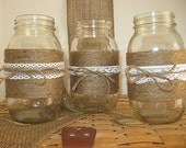 BURLAP LACE MASON Jars Summer Wedding Spring Wedding Decor Cottage Decor Bride Groom Rustic Farm House Shabby chic ocean Glass Decoration