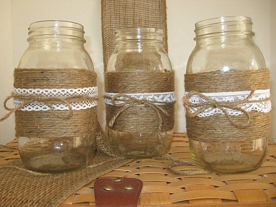 BURLAP LACE MASON Jars Summer Wedding Spring Wedding Decor Cottage Decor Bride Groom Rustic Farm House Shabby chic ocean Glass Decoration