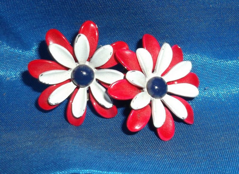 Red, White and Blue Clip on Earrings - Patriotic Flower Clip On Earrings