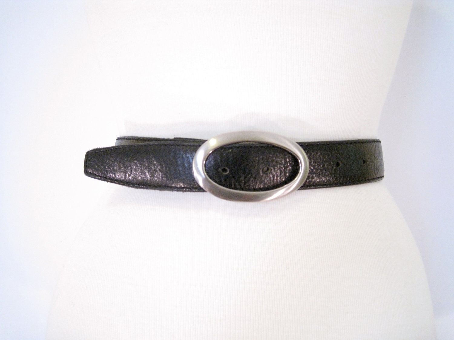 Black Leather Belt with Silver Buckle. Size 28 - Small. Sleek and Modern. Made in Canada