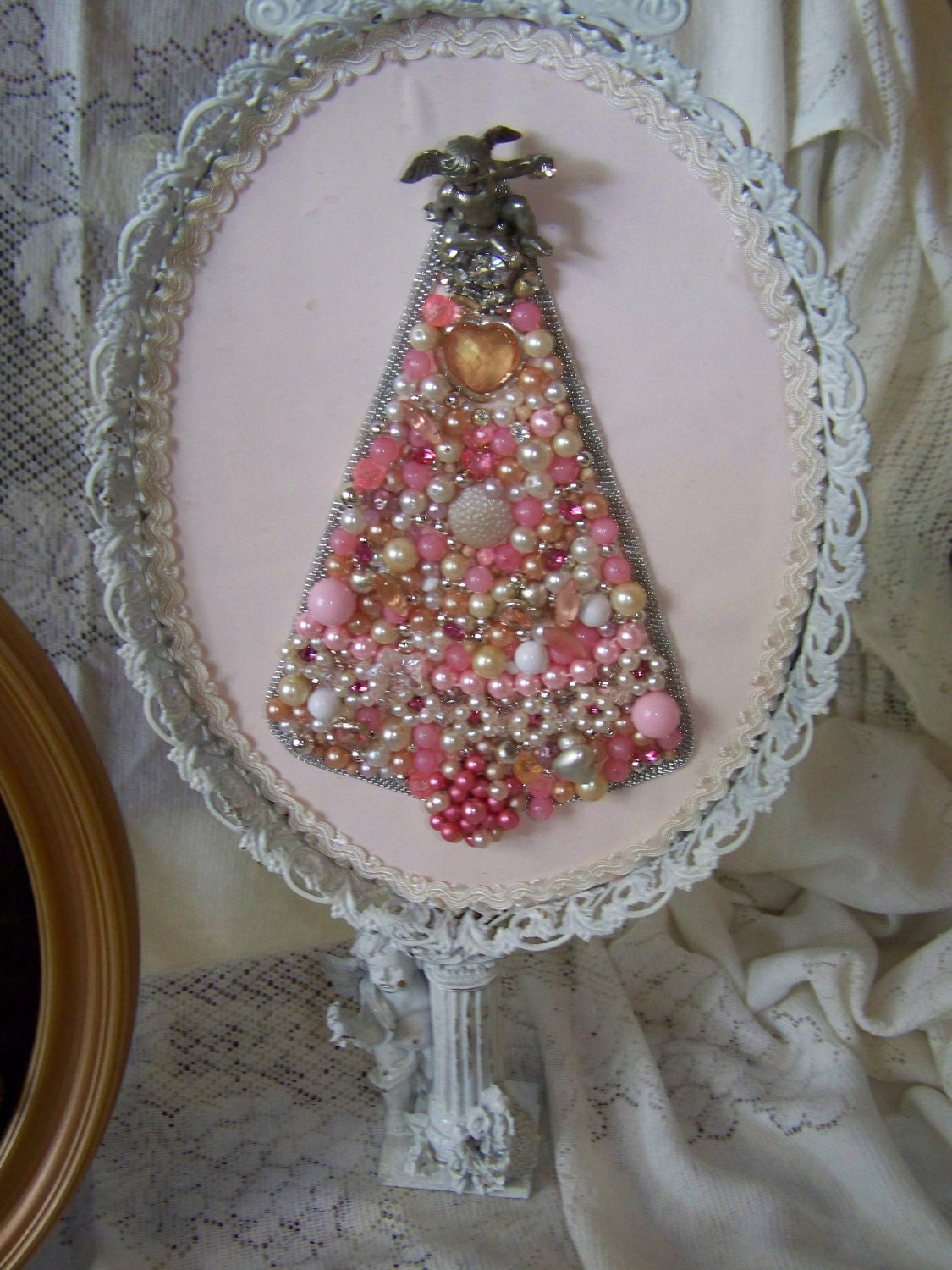 Jeweled Christmas Tree ART, Vintage Jewelry, Cherub-Angel Stand, Romantic cottage PINK & White