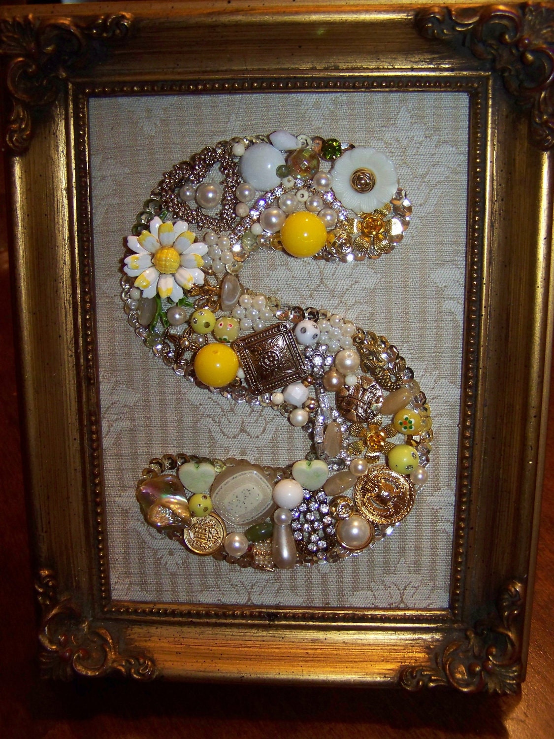 Custom Monogram Initial Jewelry ART Assemblage, Framed collage, Picture, S, M, R, A, C, T