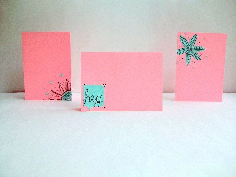 Pastel Pink & Sea Foam Green Hand Made Greeting Cards -Set of 3- Envelopes included