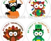First Holidays Baby Onesie Stickers Boy or Girl - Owls Christmas School Halloween Easter Thanksgiving and More