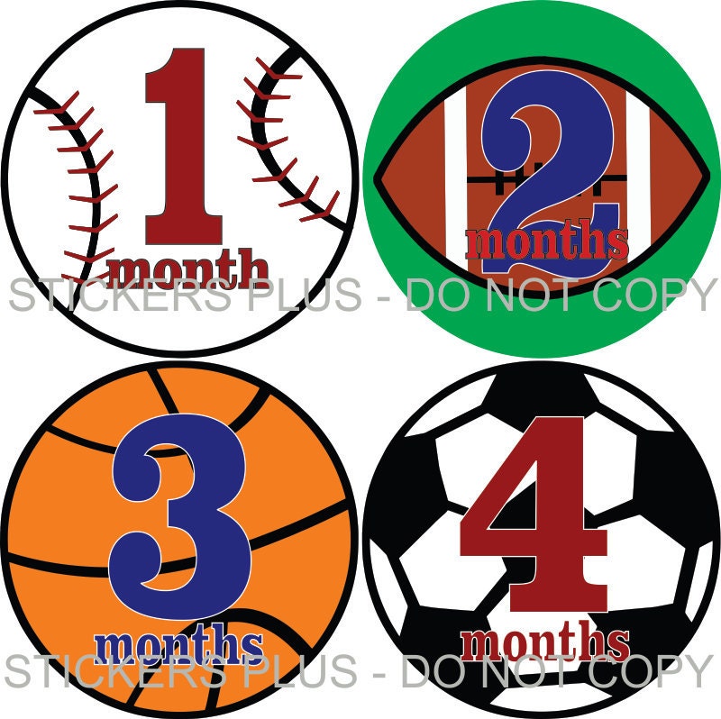 Monthly Onesie Baby Stickers Boy Sports Balls Baseball Football Soccer Basketball - 1-12 Months Plus BONUS Just Born - Gift