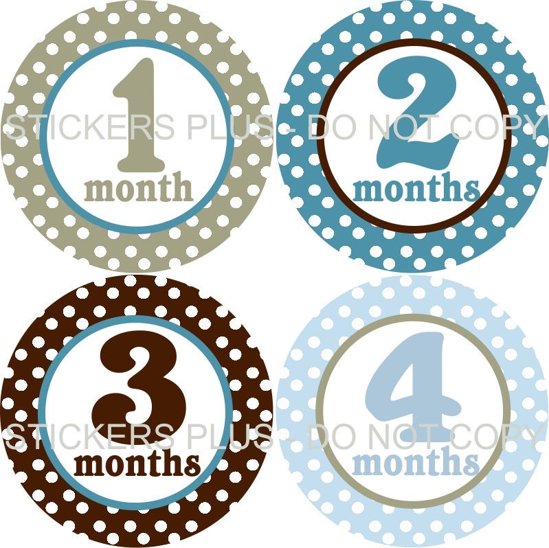 Monthly Onesie Baby Boy Stickers Plus Just Born Blue Brown Dots Circles - 1-12 Months - Nice Gift