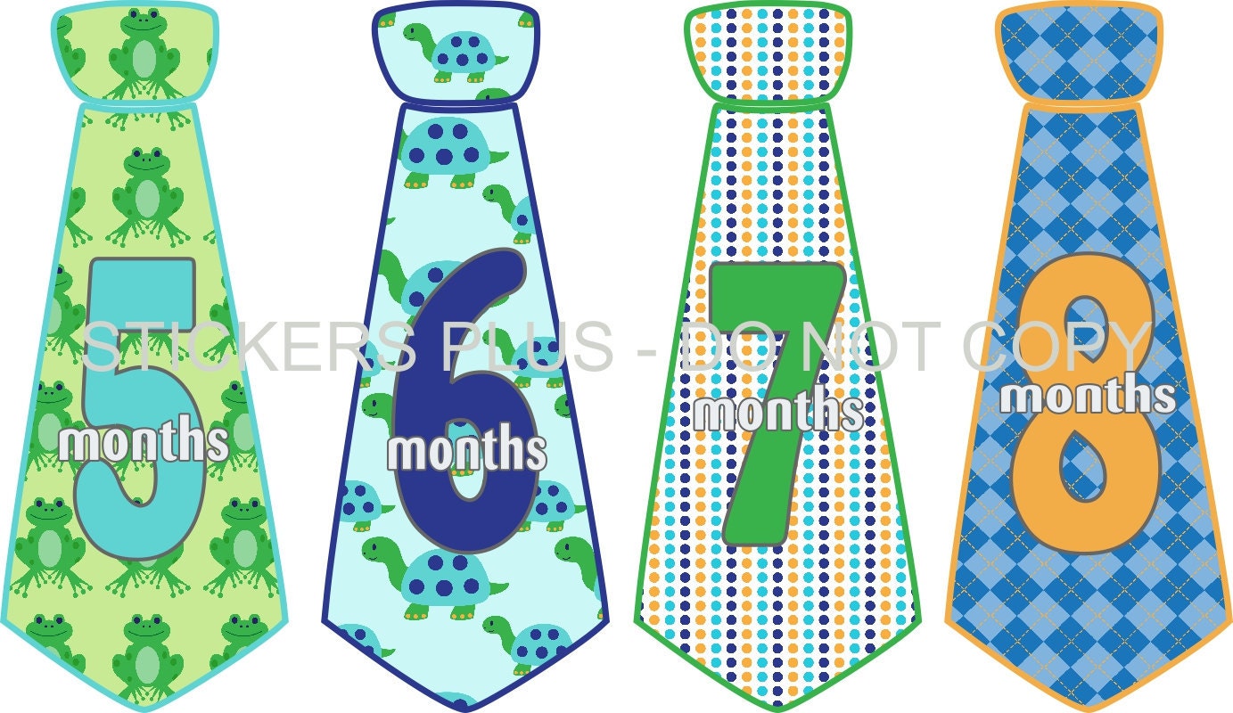Baby Boy Monthly Onesie Stickers Necktie Neck Tie Frog Turtle Dots Argyle Green Blue Orange - UNCUT 1 - 12 Months Plus Just Born - Gift