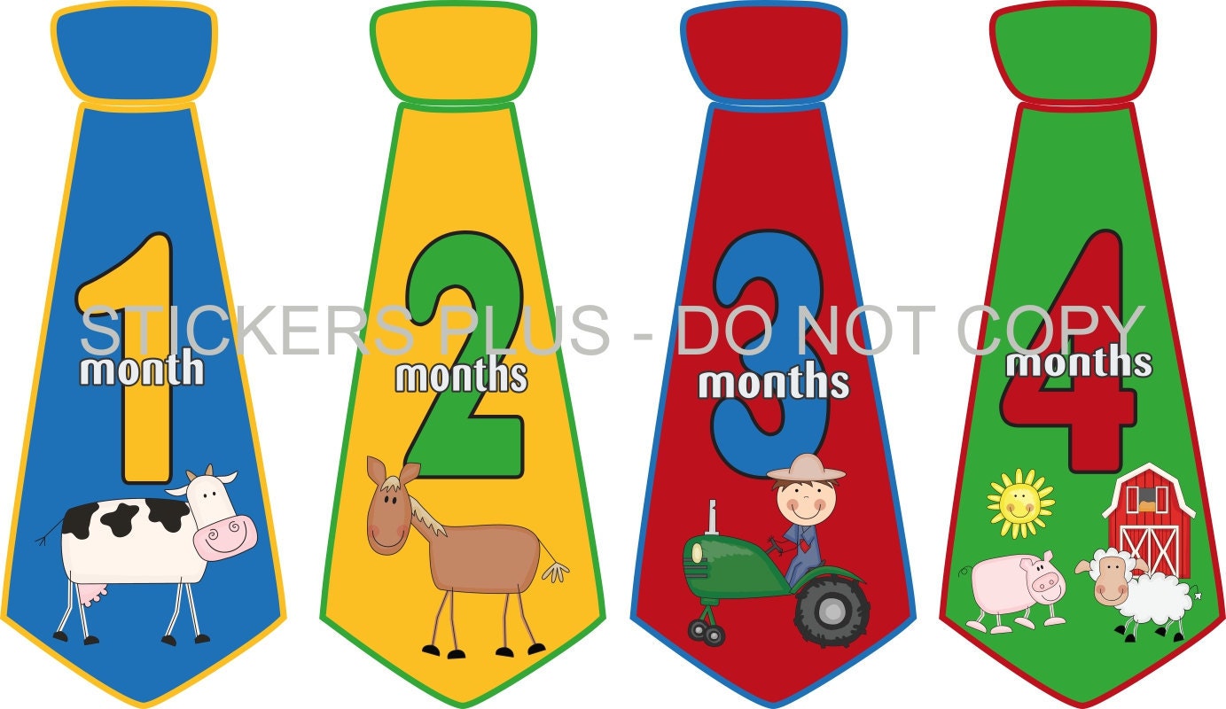 Baby Boy Monthly Onesie Stickers Necktie Neck Tie Farm Animals Tractor Barn Cow Horse Pig Sheep - UNCUT 1-12 Months Plus Just Born - Gift