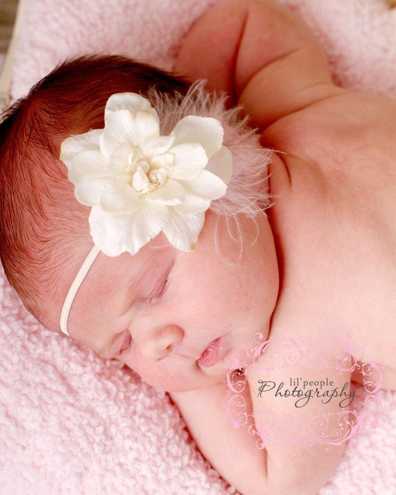 Cream flower headband with pale pink feather trim - Perfect Photography Prop
