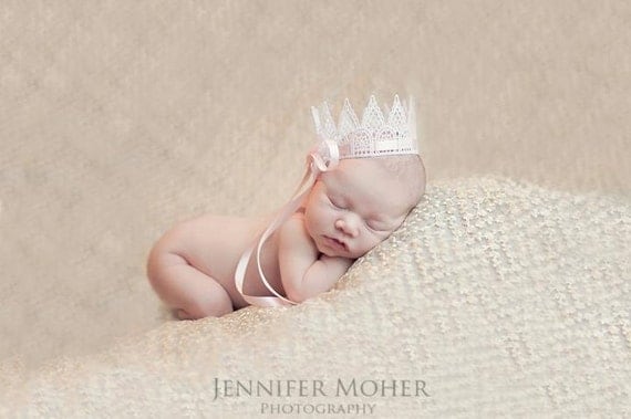 Sweet Pearl White Vintage Lace Baby Crown with Pink Ribbon - Perfect Photography Prop