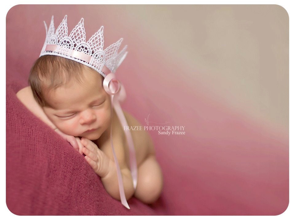 Sweet Pearl White Vintage Lace Baby Crown with Pink Ribbon - Perfect Photography Prop
