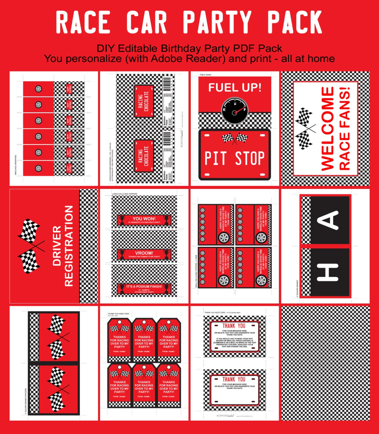 Race Car Birthday Party Invitation & Printable Party Collection, EDITABLE Text PDF file - you personalize at home with Adobe Reader