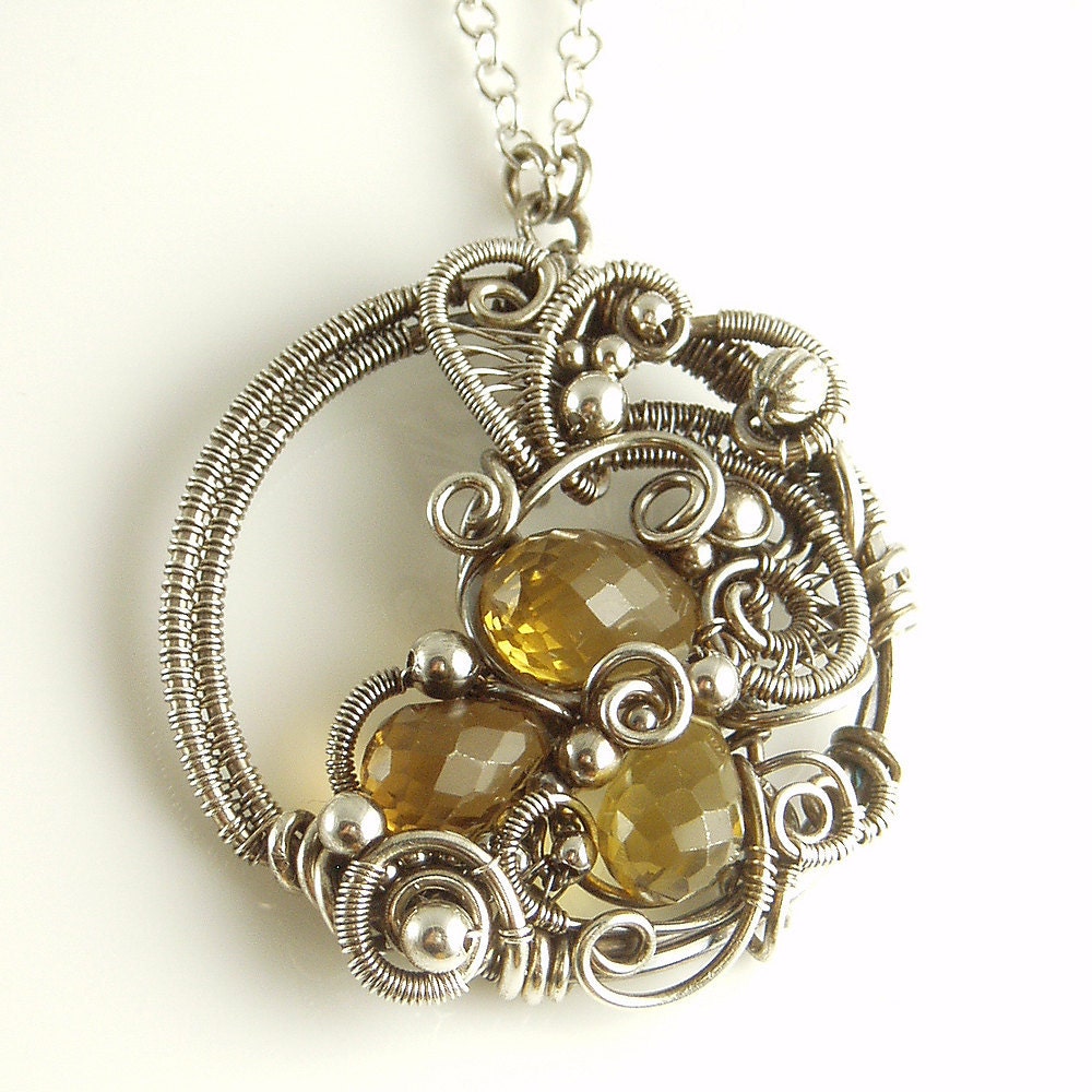 Cognac Quartz and Sterling Silver Wire Sculpted Necklace