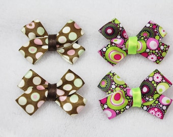 Lime Green Pink Brown Set of 4 Hair Bows for Pigtails - 4 Tiny Hair Bows with Polka Dots - Baby Hair Bows