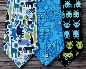 Animal Ties For Boys -- Modern Zoo, Blue Owls, or Space Invaders Tie -- Owl Necktie