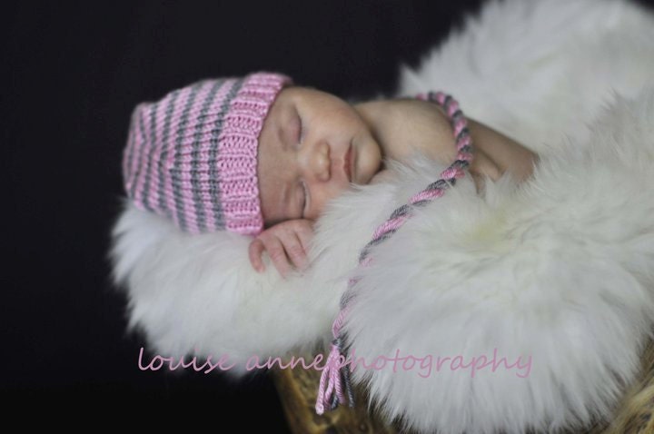 Newborn Munchkin Stocking/Pixie Hat Pink and Grey with Long Tail