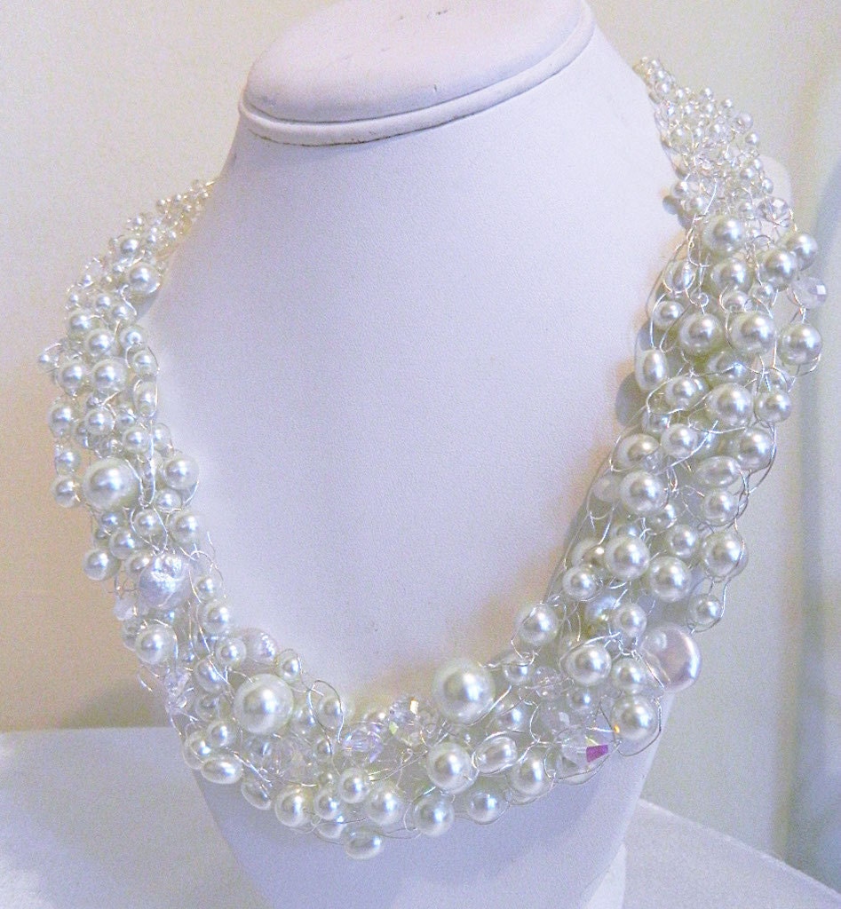 Wedding Jewelry Pearls and Crystals Swarovski a Fresh Water Silver Wire Crochet "Chunky Anna's Bridal Elegance"