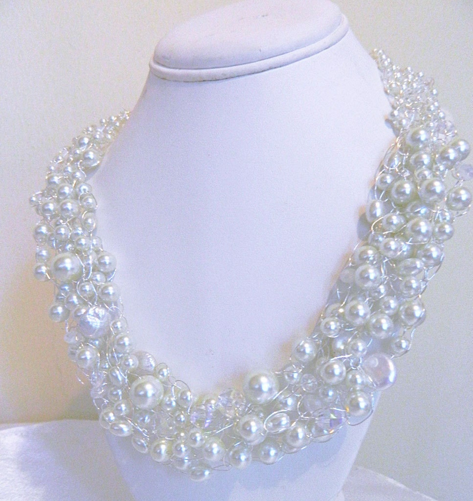 Wedding Jewelry Pearls and Crystals Swarovski a Fresh Water Silver Wire Crochet "Chunky Anna's Bridal Elegance"