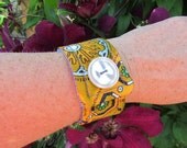 Bracelet - Cuff - Recycled Vintage Necktie and Denim Snap Bracelet with Vintage Button - Antique Gold Print