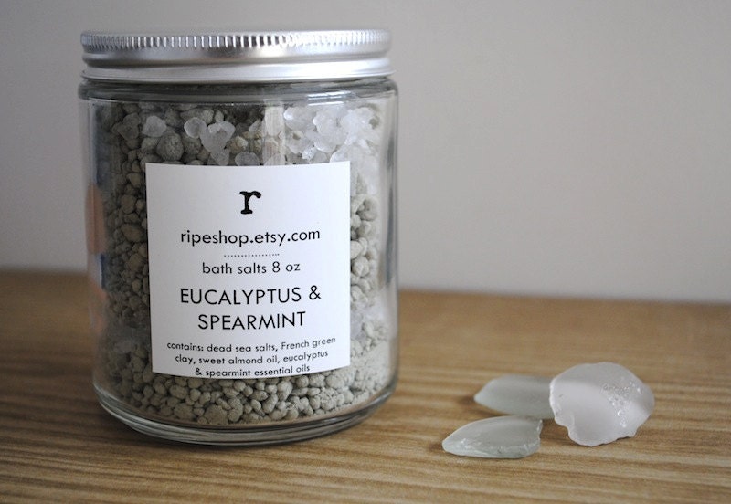 Eucalyptus and Spearmint Bath Salts. Dead Sea Salt with Essential Oils, 8 oz. Jar 100% Natural