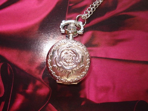 20% HOLIDAY SALE Necklace Pendant Silver Rose Pocket Watch quartz Gift Chain