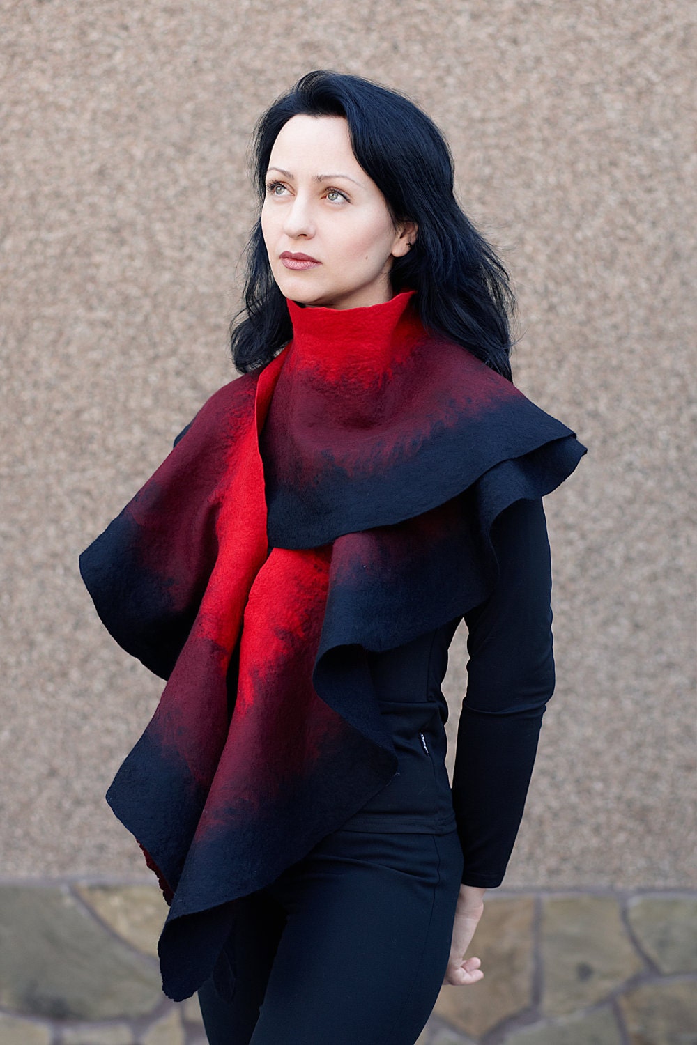 Gothic Handmade wool felted Scarf Shawl Wrap stole cape capelet Red, ruby and black