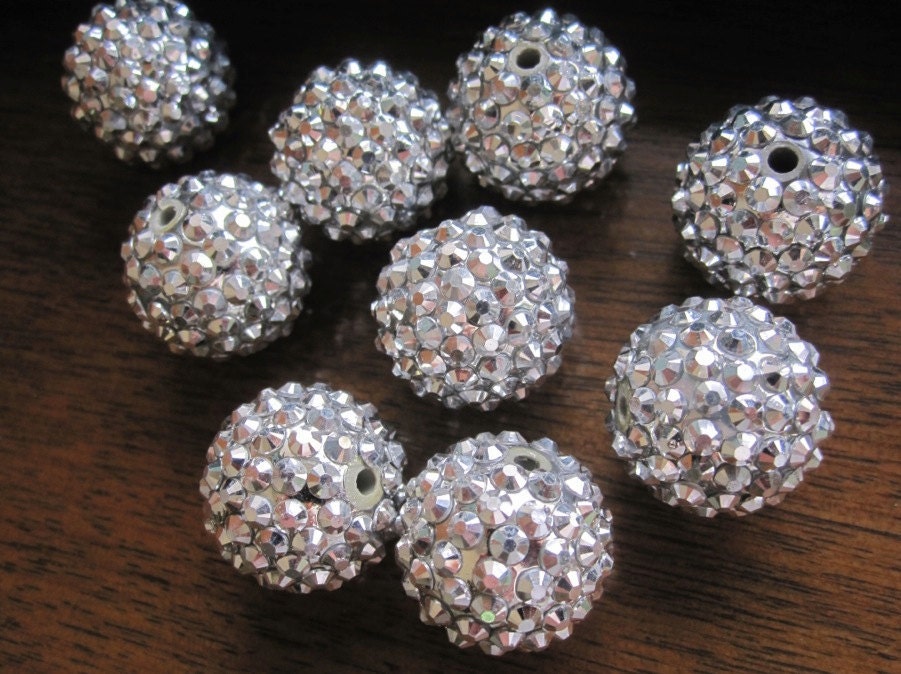 Destash Price --25pcs Resin Rhinestone Beads-- 20mm Round Bling Balls --Pewter Silver Resin Rhinestone Spacer Shimmer