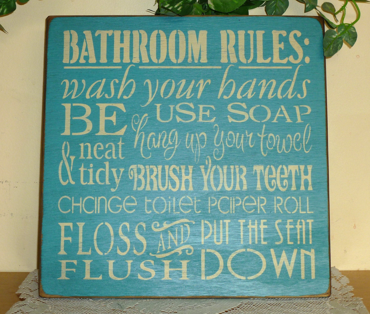 Primitive "Bathroom Rules" wood sign - your color choice