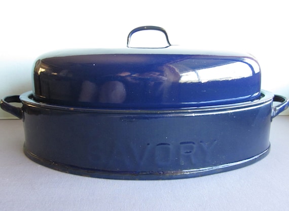Vintage blue enamelware roasting pan with lid by SWEPTinFROMtheSEA