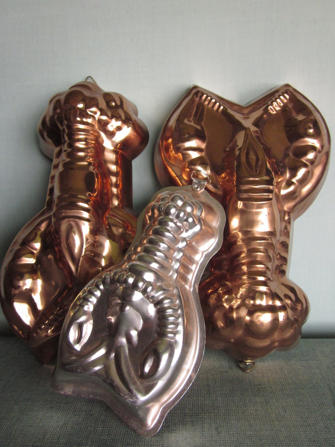 Vintage copper jello molds lobster shaped two by SWEPTinFROMtheSEA