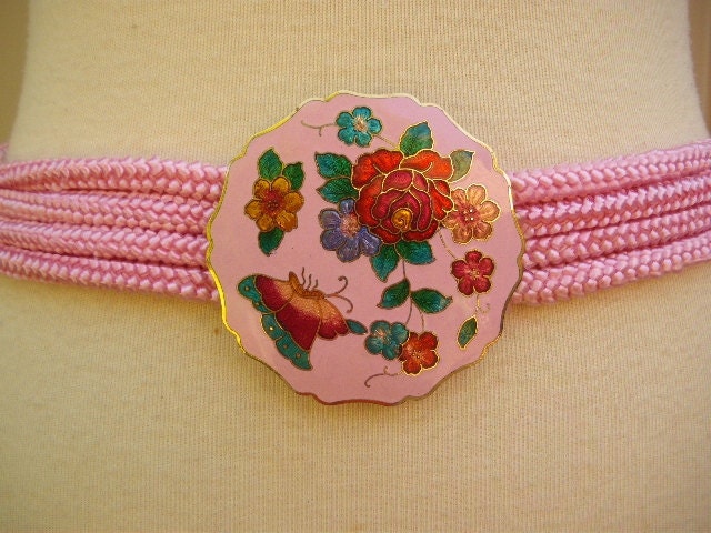 vintage cloisonne belt 80s pink butterfly roses flowers buckle girly girl new wave