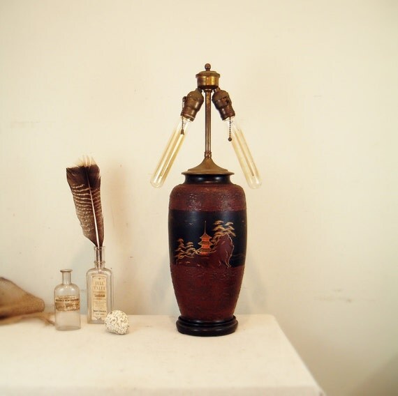 Items similar to circa 1940 japanese ceramic lamp with temple scene on Etsy