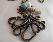 Large Octopus Necklace Bronze Pearls Charms Turquoise Womens Gift Steampunk