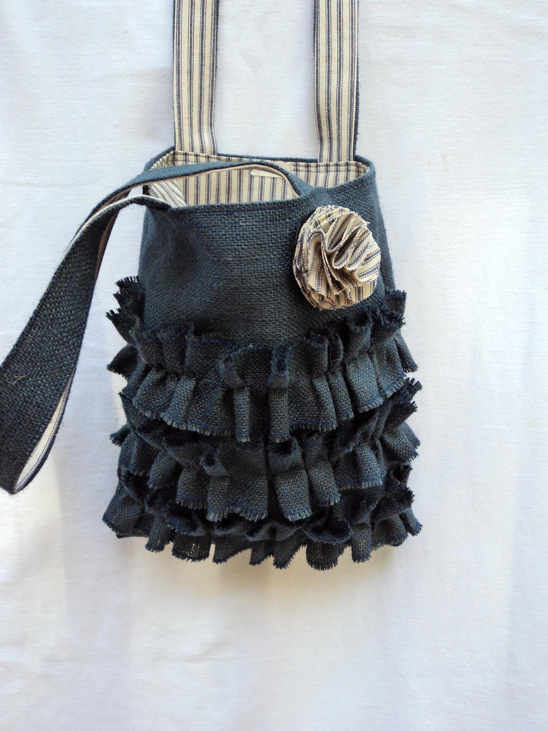 Burlap Bag with Ruffles Navy Blue Burlap Purse