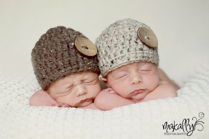 Newborn Twin Hats Photography Prop Two Pack Oatmeal and Barley coconut beanies sizes nb, 1-3mos, 3-6mos, 6-12mos